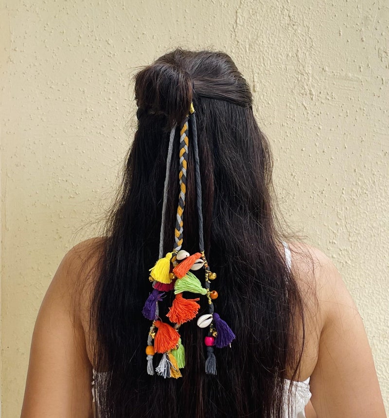 Zippy Flora Boho Handmade Colorful Hair Strings for Navratri/Ethnic Look/Bohemian Styling, Colorful Braided Hairband, Thread Hair Accessories & Extensions (Shoulder Length (12-14 inch), Grey) - Image 1
