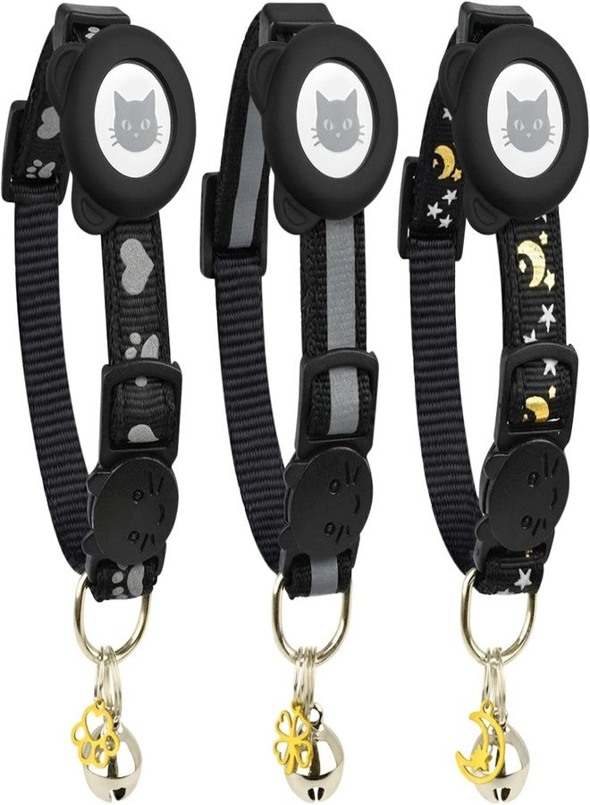 Bemix Pets Cat Collar with AirTag Holders, 3-Pack, Reflective Breakaway Safety Collars, Bells and Matching Charms, Adjustable, Paw Hearts, Moon Stars Design, Lucky Charm, Black - Image 1