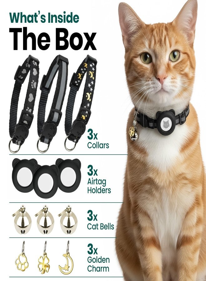 Bemix Pets Cat Collar with AirTag Holders, 3-Pack, Reflective Breakaway Safety Collars, Bells and Matching Charms, Adjustable, Paw Hearts, Moon Stars Design, Lucky Charm, Black - Image 2