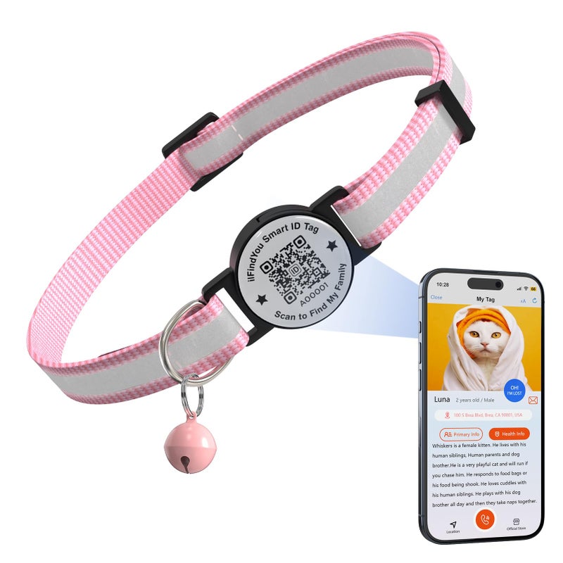 ilFindYou Breakaway Cat Collar with Safety Bell & Reflective Strips | QR Code ID Tag & Name Plate | Adjustable for Kittens Pink - Image 1