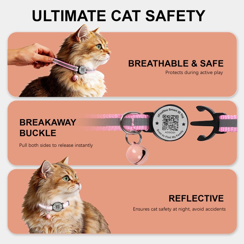 ilFindYou Breakaway Cat Collar with Safety Bell & Reflective Strips | QR Code ID Tag & Name Plate | Adjustable for Kittens Pink - Image 3