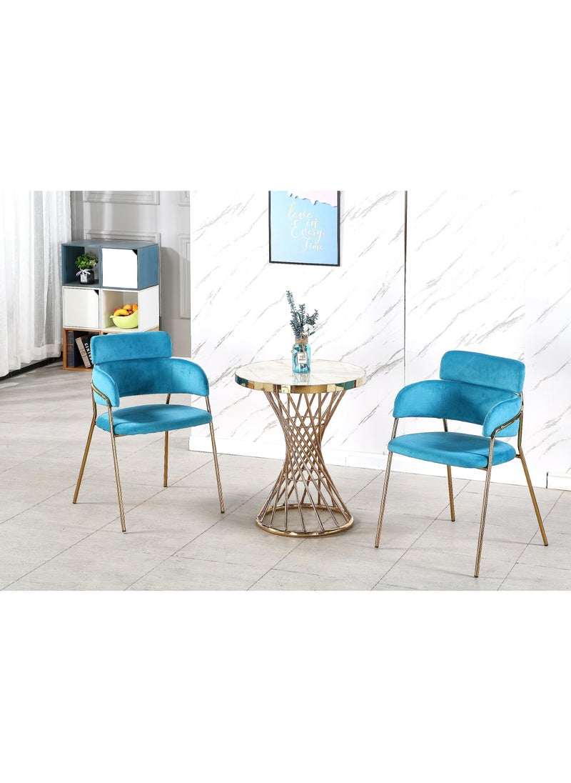KARNAK Round Dining Table Set,  Modern Davos Gold Frame Dinner Breakfast Table + 2 Dining Chairs for Kitchen and Dining Room 
