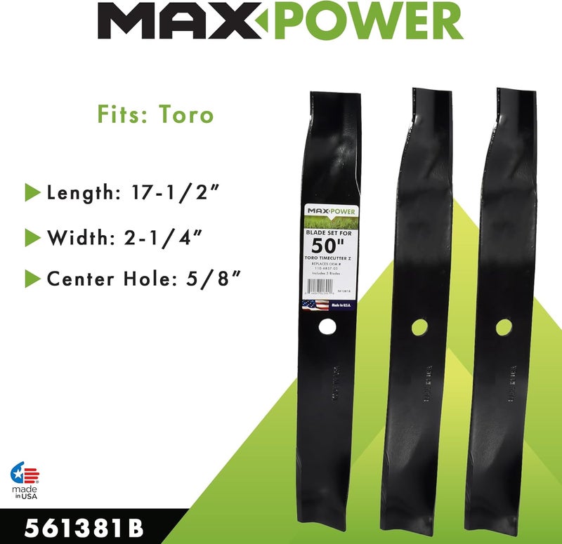 Max Power 561381B 3 High Lift Blade Set for 50'' Cut Toro Time Cutter Z Mowers Replaces OEM no. 110-6837-03, 112-9759-03, & 115-5059-03 - Image 4