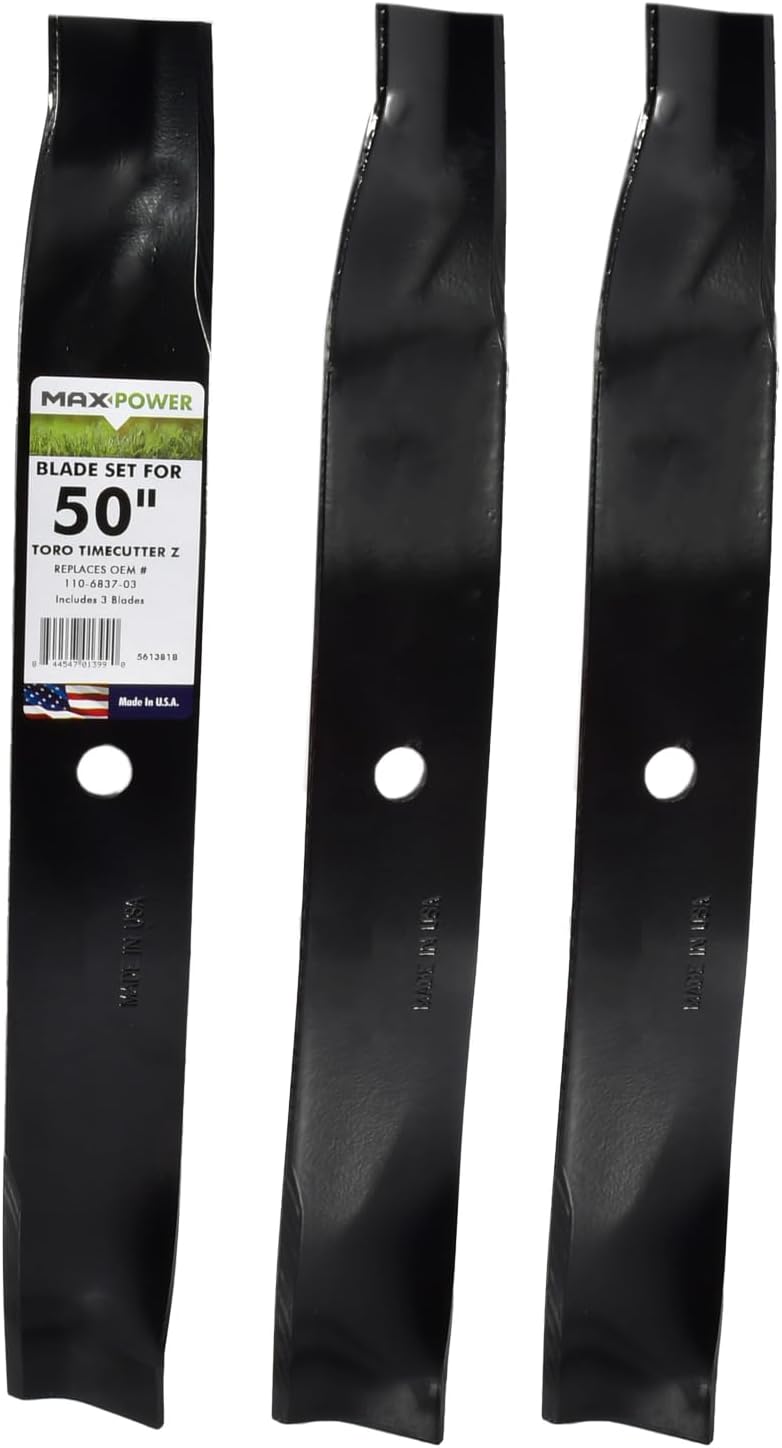 Max Power 561381B 3 High Lift Blade Set for 50'' Cut Toro Time Cutter Z Mowers Replaces OEM no. 110-6837-03, 112-9759-03, & 115-5059-03 - Image 1