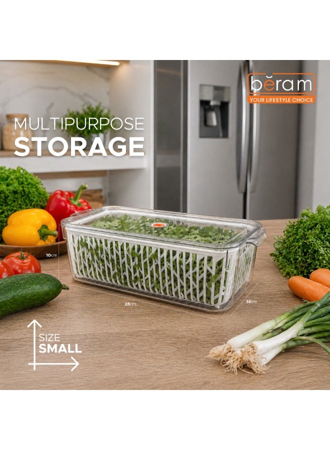 Beram Drain & Store Refrigerator Container Clear Box with Inner Basket Small Transparent PET Organizer Box with Handles Multipurpose Pantry Fridge Freezer Storage Container BPA-Free Rectangular Basket - Image 2