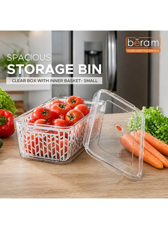 Beram Drain & Store Refrigerator Container Clear Box with Inner Basket Small Transparent PET Organizer Box with Handles Multipurpose Pantry Fridge Freezer Storage Container BPA-Free Rectangular Basket - Image 5