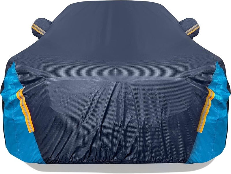 AoMige Full Car Covers,All Weather Waterproof UV Protection Car Cover, Scratch-Resistant Car Exterior Cover w/Reflective Strip,Zipper Door,Windproof Bands Fit Sedan Up to 194" - Image 1