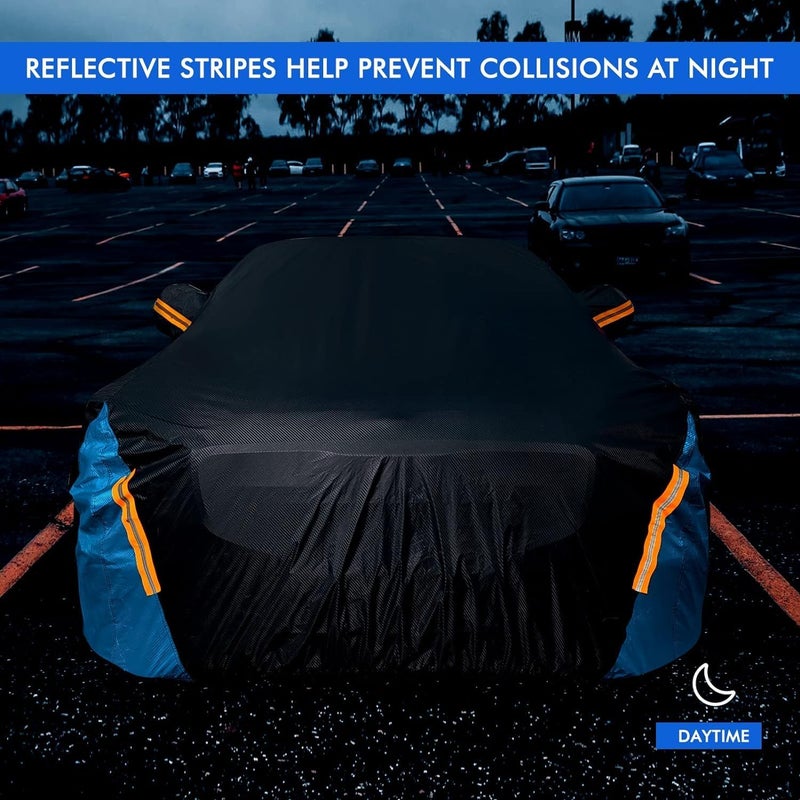 AoMige Full Car Covers,All Weather Waterproof UV Protection Car Cover, Scratch-Resistant Car Exterior Cover w/Reflective Strip,Zipper Door,Windproof Bands Fit Sedan Up to 194" - Image 5