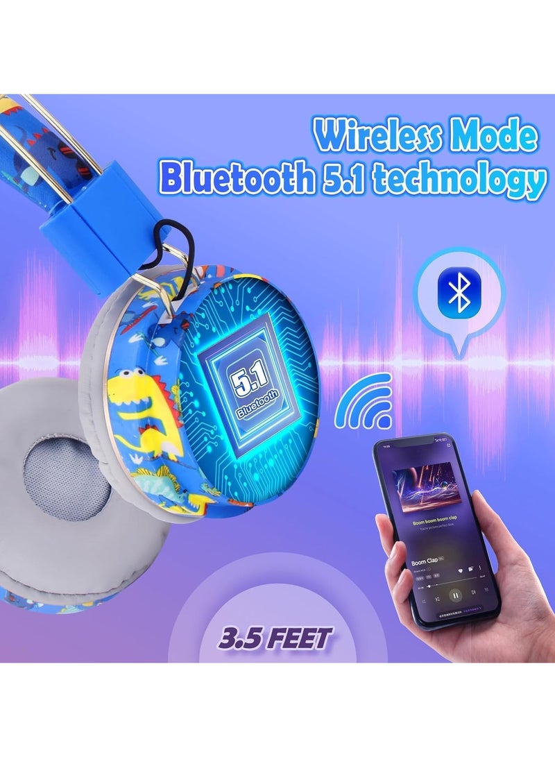 Wireless Headset for Kids, Blue Dinosaur Wireless Headset for Kids, Bluetooth Headset with Microphone, Headset for Toddlers 2+ years old - Image 4