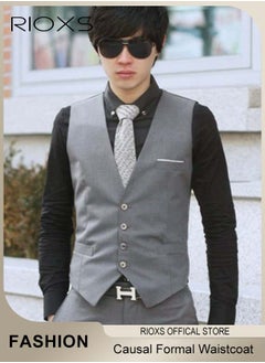 RIOXS Men's Suit Vest,Causal Formal Waistcoat,V-neck Suit Vests,Four Buttons Blazer Slim Vest Top,Solid Color Single Breasted Business Suits Skinny Vest,Wedding Party Dress Waistcoat  - Image 1