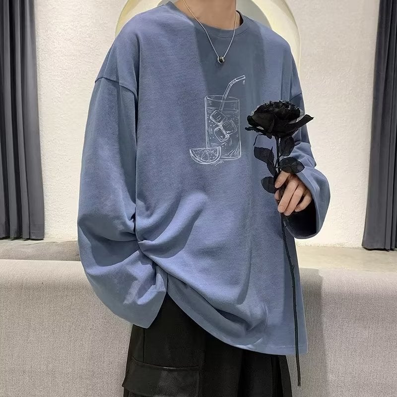 Autumn trendy printed long-sleeved T-shirt men's Hong Kong style ins fashion brand couple wear Japanese style loose plus size simple bottoming shirt - Image 5