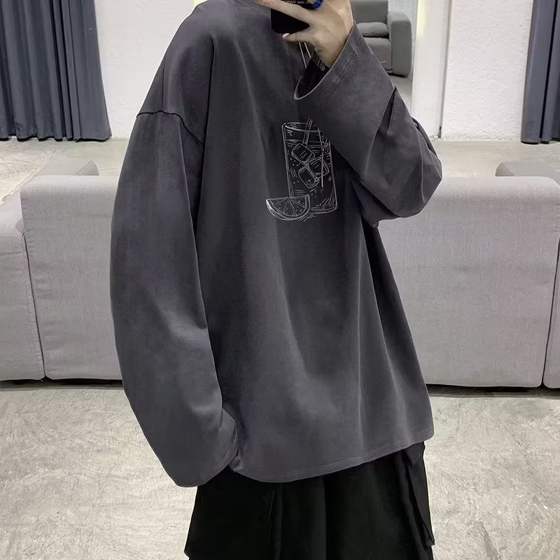 Autumn trendy printed long-sleeved T-shirt men's Hong Kong style ins fashion brand couple wear Japanese style loose plus size simple bottoming shirt - Image 1