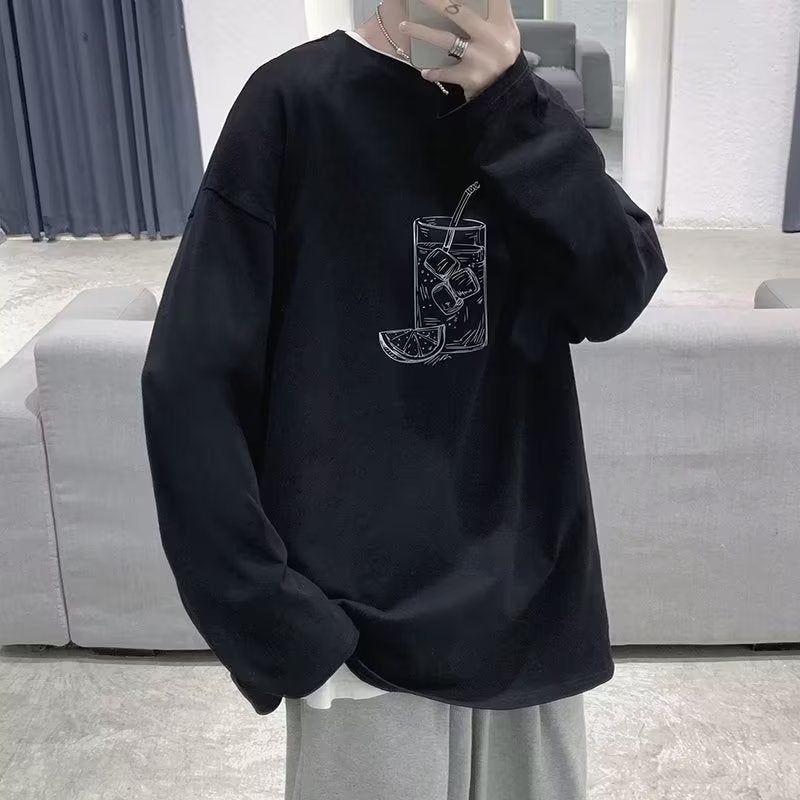 Autumn trendy printed long-sleeved T-shirt men's Hong Kong style ins fashion brand couple wear Japanese style loose plus size simple bottoming shirt - Image 3