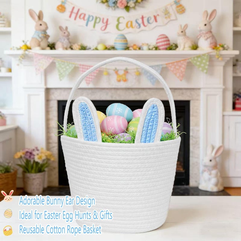 Beiyana Easter Basket for Kids, Cute Bunny Easter Basket with Removable Ears & Writable Name Tag, Personalized Cotton Rope Woven Empty Easter Basket, First Easter Gift for Toddlers Boys Girls (Blue) - Image 4
