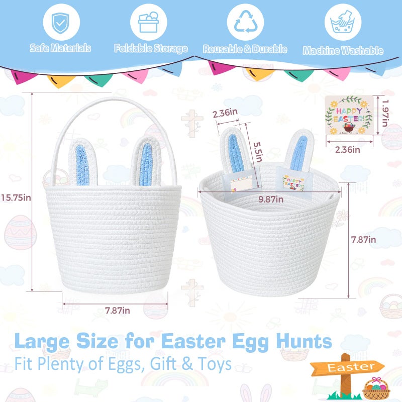 Beiyana Easter Basket for Kids, Cute Bunny Easter Basket with Removable Ears & Writable Name Tag, Personalized Cotton Rope Woven Empty Easter Basket, First Easter Gift for Toddlers Boys Girls (Blue) - Image 2
