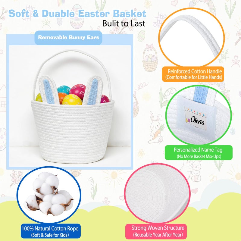 Beiyana Easter Basket for Kids, Cute Bunny Easter Basket with Removable Ears & Writable Name Tag, Personalized Cotton Rope Woven Empty Easter Basket, First Easter Gift for Toddlers Boys Girls (Blue) - Image 3