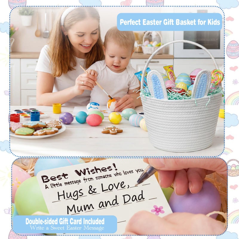 Beiyana Easter Basket for Kids, Cute Bunny Easter Basket with Removable Ears & Writable Name Tag, Personalized Cotton Rope Woven Empty Easter Basket, First Easter Gift for Toddlers Boys Girls (Blue) - Image 5