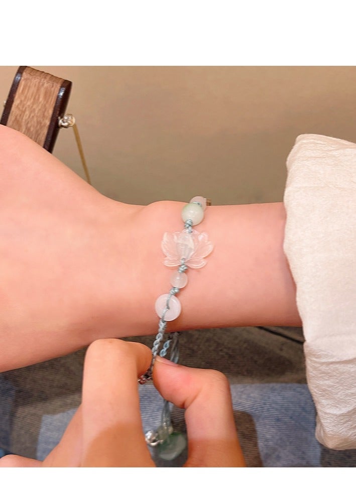 LOVET Lotus leaf lotus flower safe glass braided bracelet - adjustable, niche and unique, drawstring accessory for jewelry.。one size - Image 1