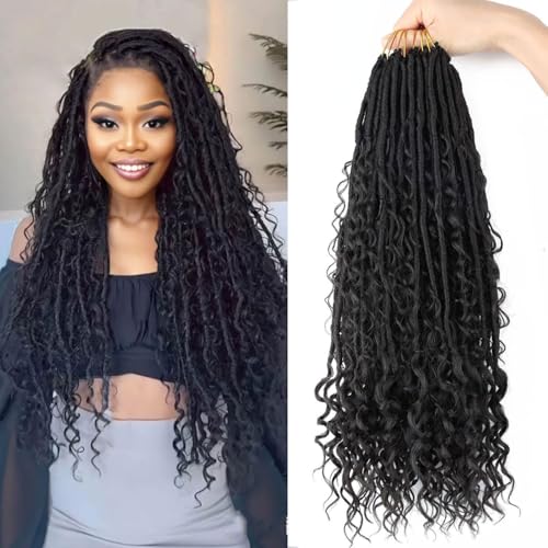 Flyteng Goddess Locs Crochet Hair Pre-looped 20 Inch New Boho Faux Locs Crochet Hair with Curly Ends 8 Packs Bohemian River Locs Crochet Hair for Black Women 1B - Image 1