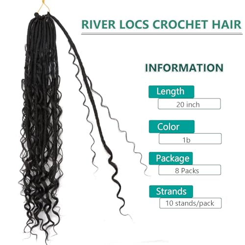 Flyteng Goddess Locs Crochet Hair Pre-looped 20 Inch New Boho Faux Locs Crochet Hair with Curly Ends 8 Packs Bohemian River Locs Crochet Hair for Black Women 1B - Image 2