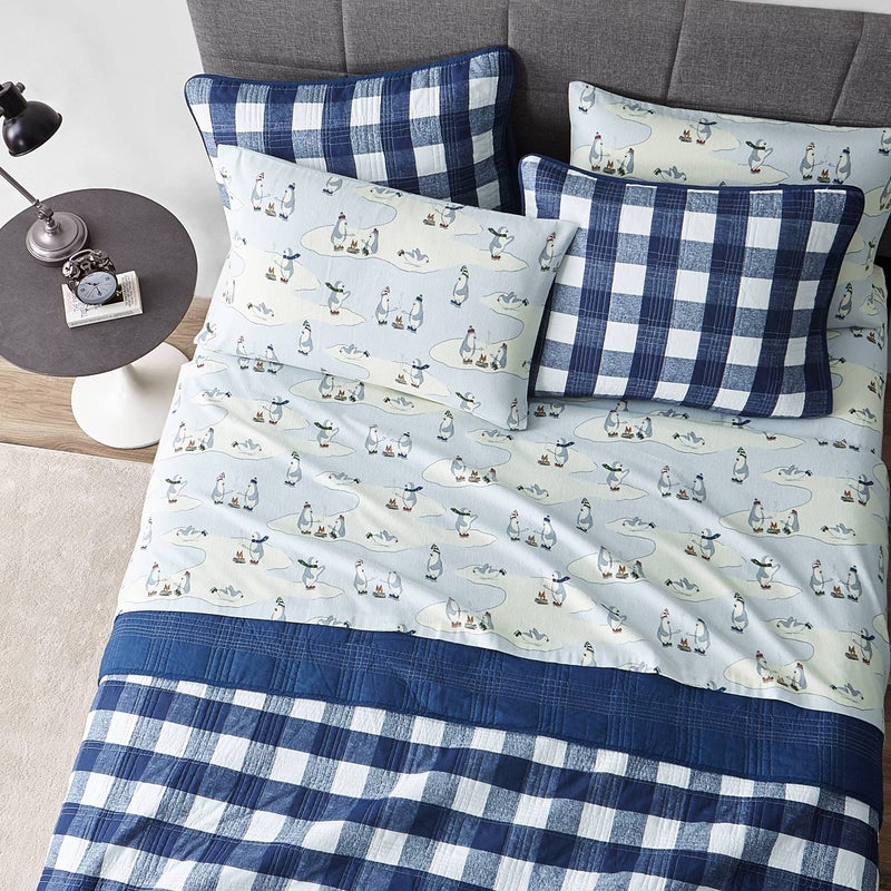 Eddie Bauer - Flannel Sheets Queen Size, Anti-Pilling & Wrinkle Resistant Cotton, Bed Sheets with Matching Pillowcases & Fitted Sheet (Skating Penguin Light Blue) - Image 3