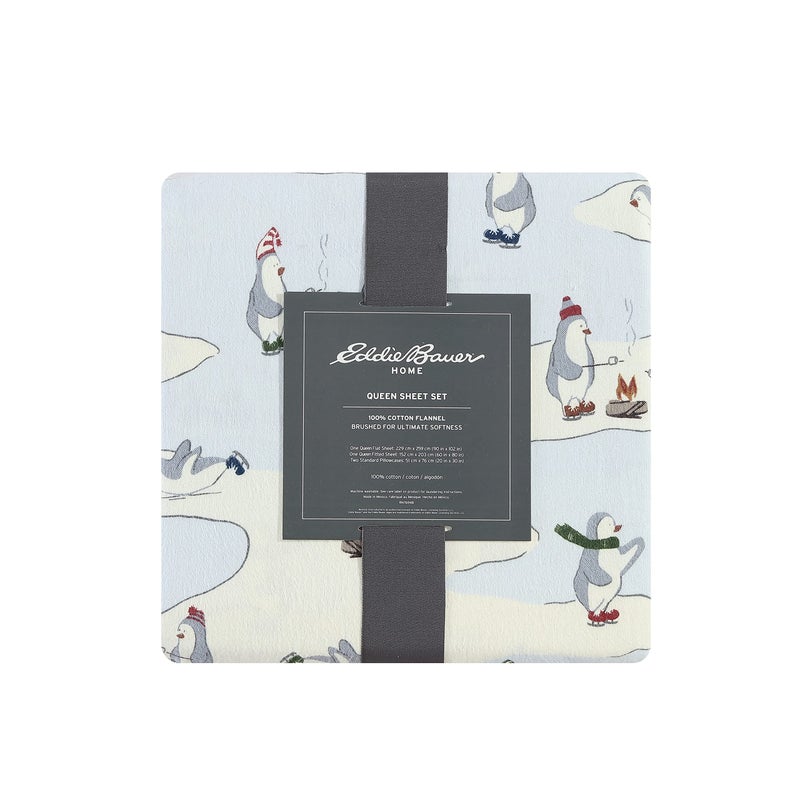 Eddie Bauer - Flannel Sheets Queen Size, Anti-Pilling & Wrinkle Resistant Cotton, Bed Sheets with Matching Pillowcases & Fitted Sheet (Skating Penguin Light Blue) - Image 4