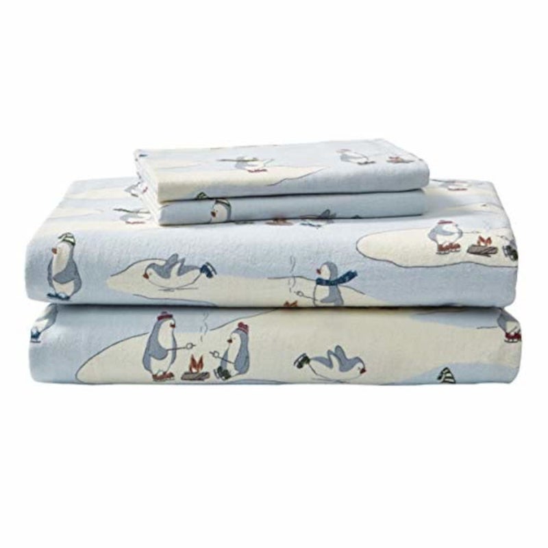 Eddie Bauer - Flannel Sheets Queen Size, Anti-Pilling & Wrinkle Resistant Cotton, Bed Sheets with Matching Pillowcases & Fitted Sheet (Skating Penguin Light Blue) - Image 2