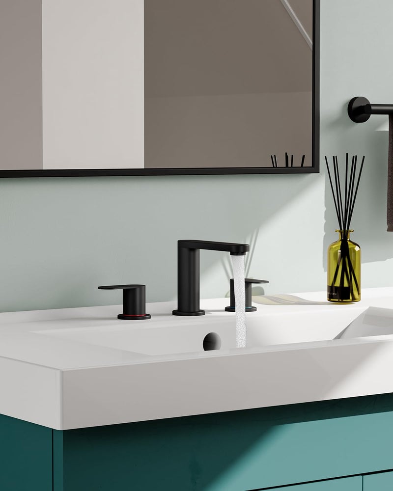BWE Matte Black Bathroom Faucet 3 Hole - 8 Inch Widespread Bathroom Sink Faucet, Pop-up Drain and Supply Lines, 360Â° Swivel Spout 2-Handle Black Vanity Faucets for Bath - Image 5