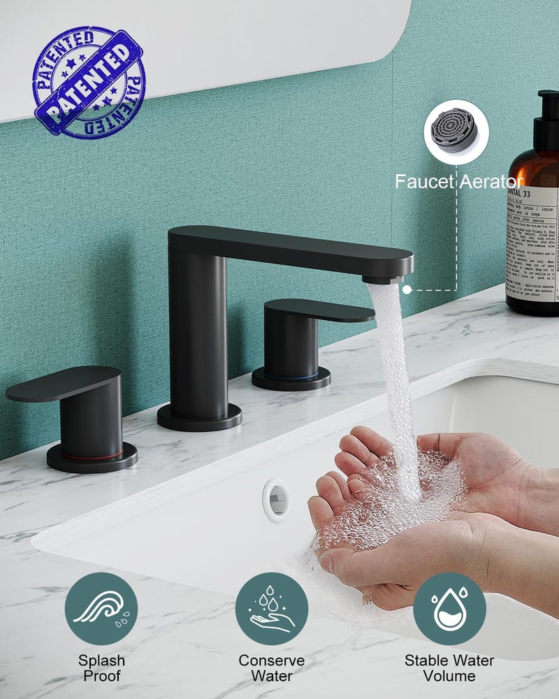 BWE Matte Black Bathroom Faucet 3 Hole - 8 Inch Widespread Bathroom Sink Faucet, Pop-up Drain and Supply Lines, 360Â° Swivel Spout 2-Handle Black Vanity Faucets for Bath - Image 2