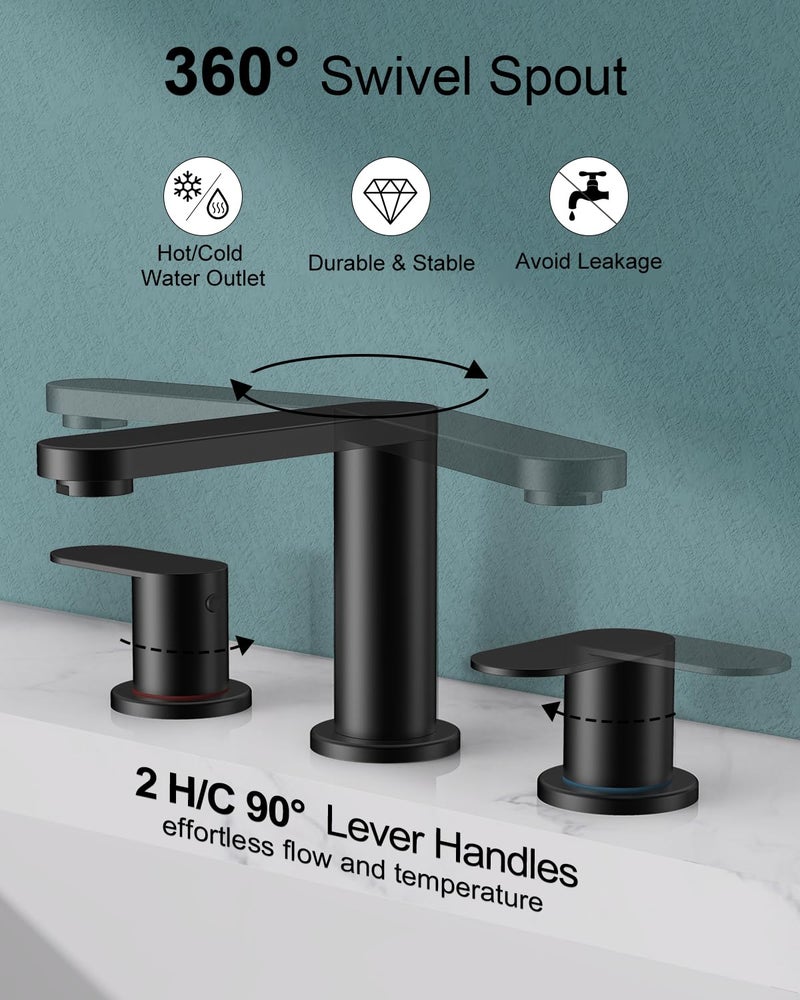 BWE Matte Black Bathroom Faucet 3 Hole - 8 Inch Widespread Bathroom Sink Faucet, Pop-up Drain and Supply Lines, 360Â° Swivel Spout 2-Handle Black Vanity Faucets for Bath - Image 3