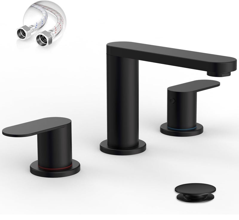 BWE Matte Black Bathroom Faucet 3 Hole - 8 Inch Widespread Bathroom Sink Faucet, Pop-up Drain and Supply Lines, 360Â° Swivel Spout 2-Handle Black Vanity Faucets for Bath - Image 1