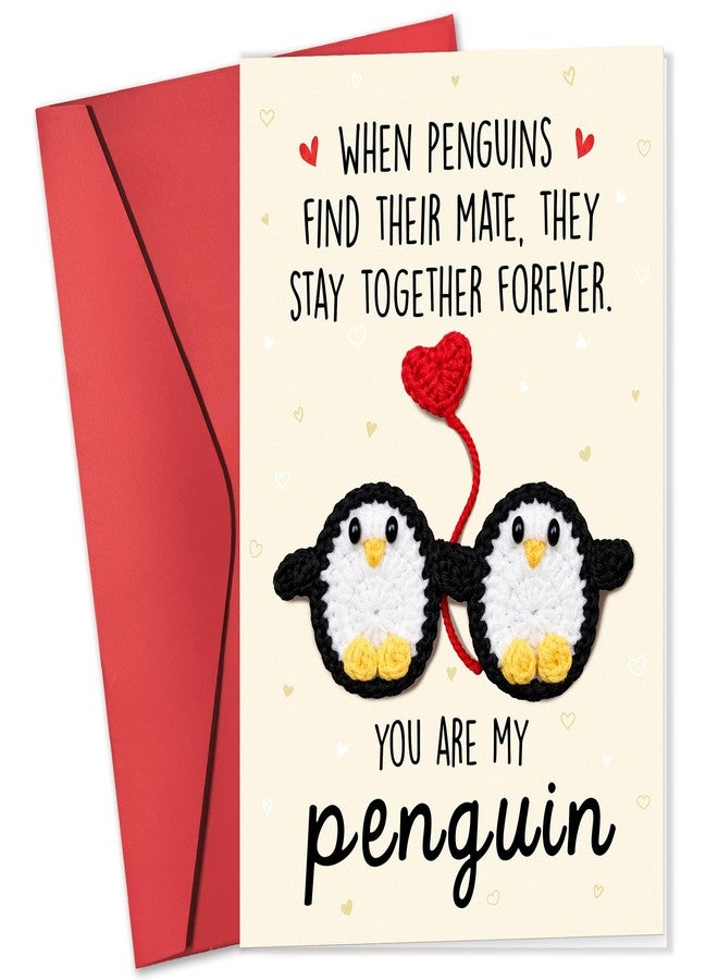 HUNIGIFT Valentines Day Card for Couple, Him, Her - Anniversary Valentines Day Birthday Penguin Gifts for Boyfriend Girlfriend Husband Wife - 5.3''x 8.0'' You Are My Penguin Crochet Card & Envelope - Image 1