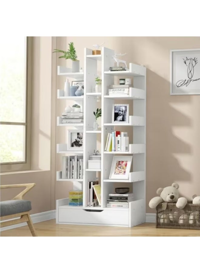 erorex White Wooden Display Storage Shelf with 18 Tiers, Designed for Corners, Featuring a Drawer for Organizing CDs and Movies, Suitable for Living Rooms, Bedrooms, and Offices - Image 1