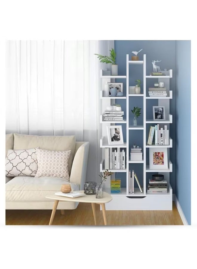 erorex White Wooden Display Storage Shelf with 18 Tiers, Designed for Corners, Featuring a Drawer for Organizing CDs and Movies, Suitable for Living Rooms, Bedrooms, and Offices - Image 4