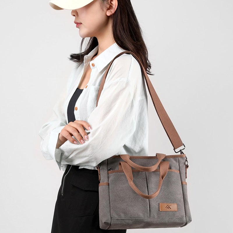Sunshinejing Women's Small Canvas Tote Purses Casual Multi-pocket Shoulder Crossbody Bag Everyday Handbags (Khaki) - Image 2