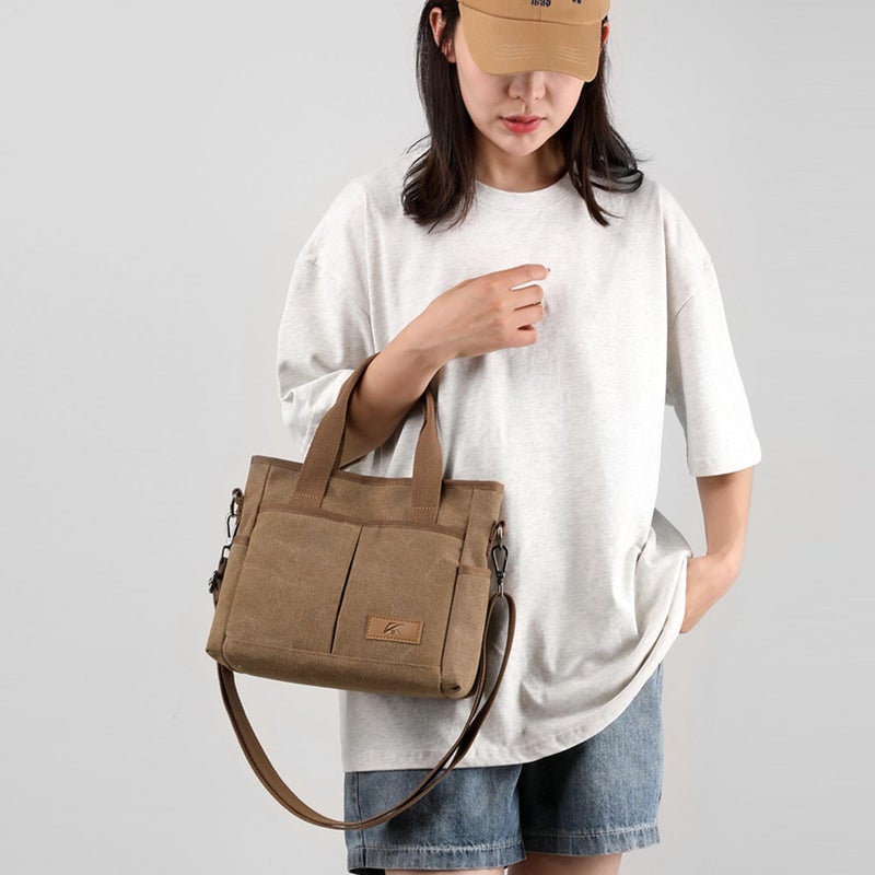Sunshinejing Women's Small Canvas Tote Purses Casual Multi-pocket Shoulder Crossbody Bag Everyday Handbags (Khaki) - Image 3