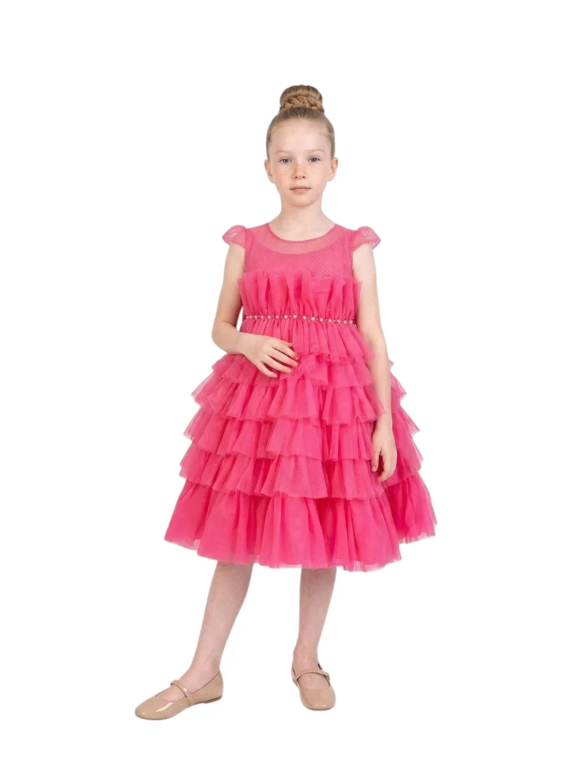 Bidani Sleeveless Tiered Tulle Girls Party Dress - Hot Pink