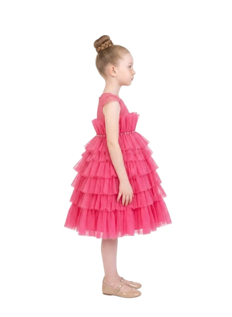 Bidani Sleeveless Tiered Tulle Girls Party Dress - Hot Pink
