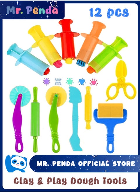 12 PCS Play Dough Tools Kit with Dough Extruders, Dough Scissors, Playdough Rollers and Cutters, Plastic Playdough Tools for Kids (Random Color)