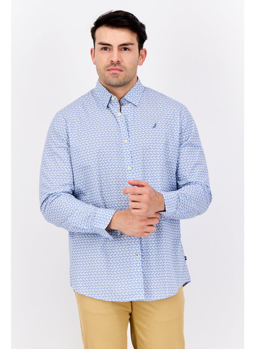 NAUTICA Men Classic Fit All Over Print Long Sleeve Casual Shirt, White/Blue  - Image 1