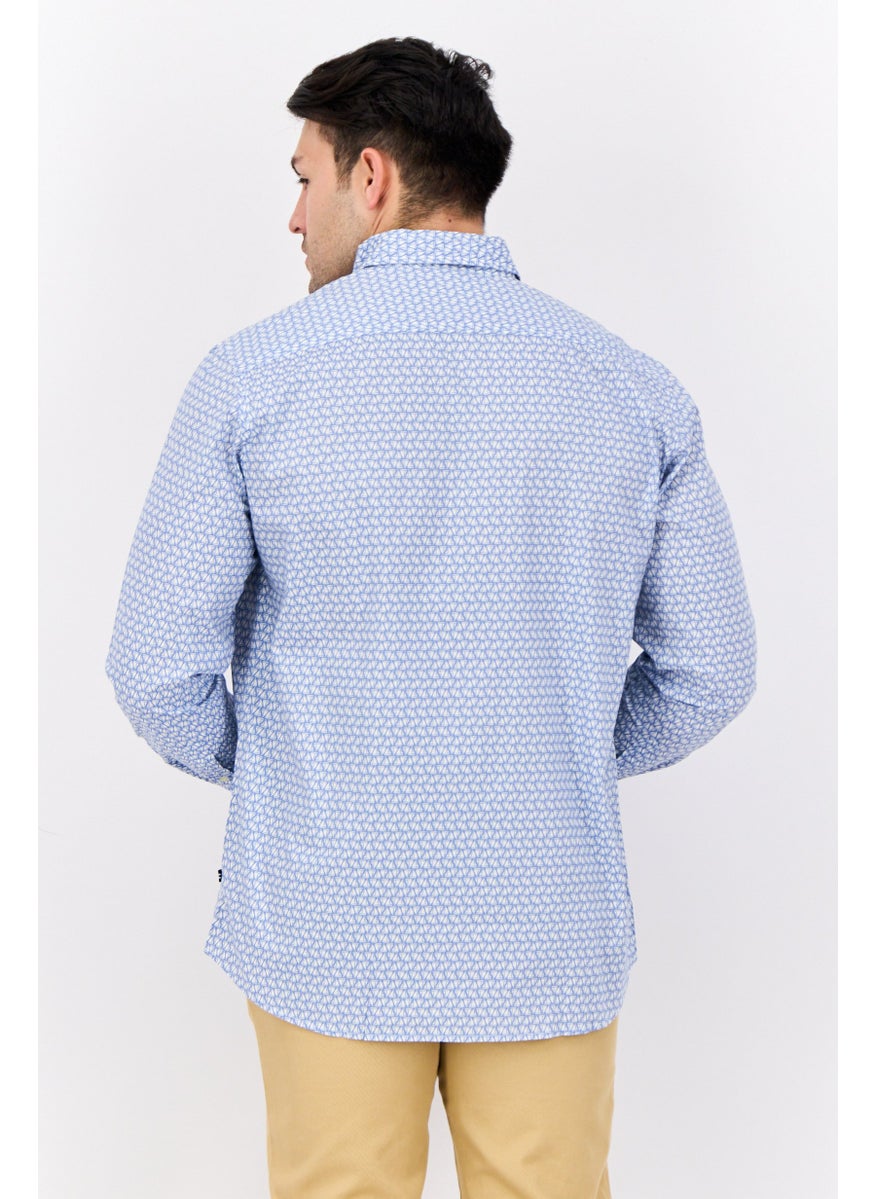 NAUTICA Men Classic Fit All Over Print Long Sleeve Casual Shirt, White/Blue  - Image 3