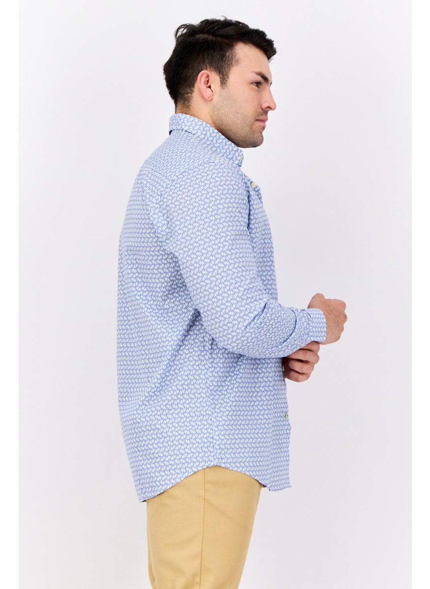 NAUTICA Men Classic Fit All Over Print Long Sleeve Casual Shirt, White/Blue  - Image 2