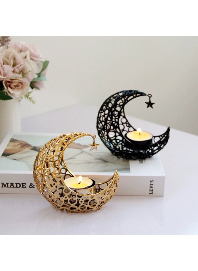 Metal Moon Star Candle Holder, Hollow Crescent Tealight Stand, Ramadan & Eid Home Decoration Ornament - Image 2