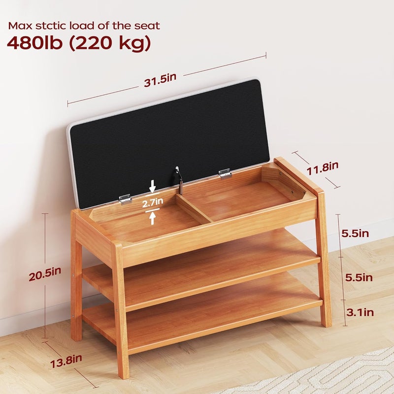 PARTPHONER Shoe Rack Bench Seat Rubberwood 2-Tier for Entryway, Hallway, Closet, Front Door Entrance, Foyer - Image 2