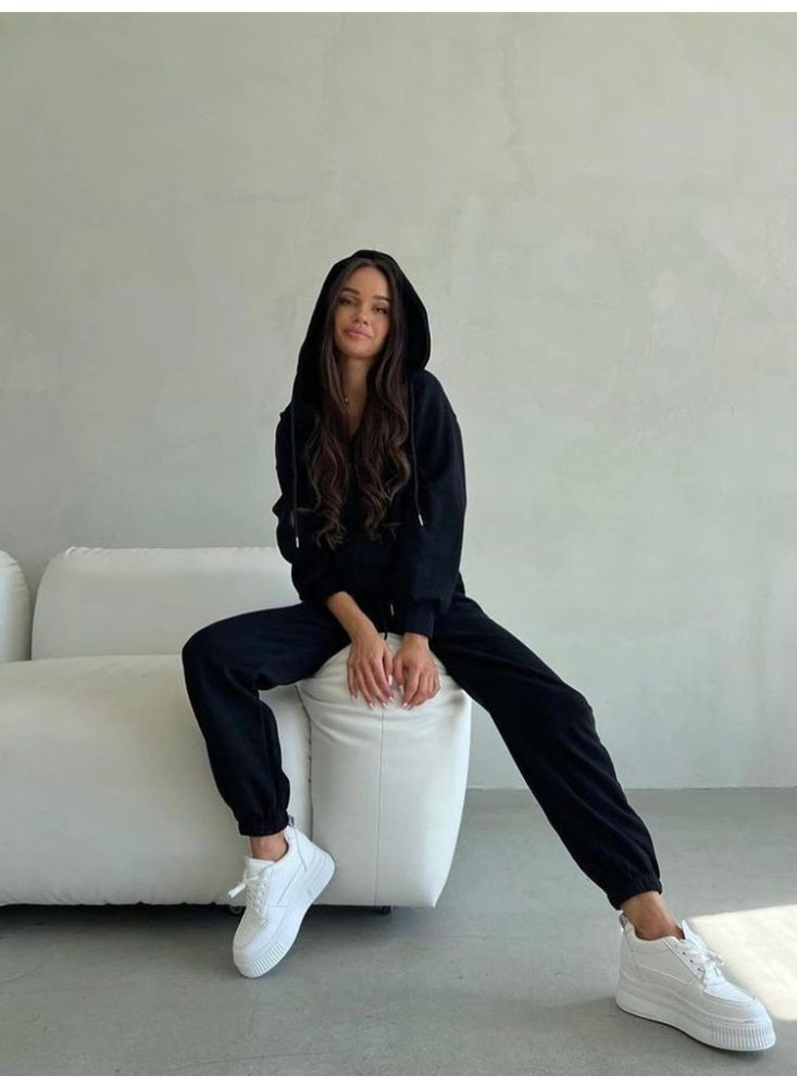 NIBEMINENT Women Tracksuit Hooded Zippers Sweatshirts Solid Pockets Elastic Waist Straight Pants Two Pieces Sets Thick Sports Casual - Image 1