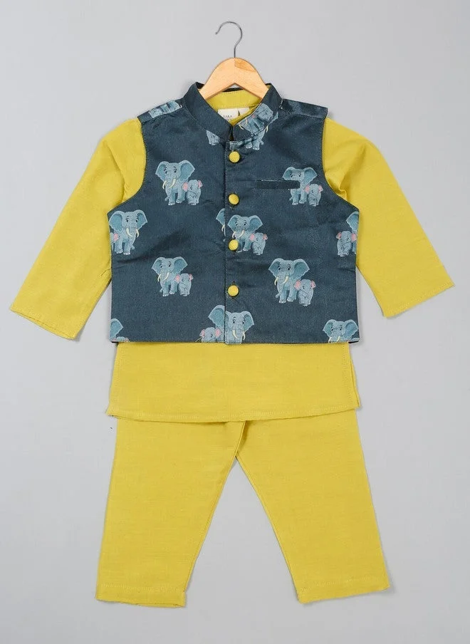 Saka Designs Boys Kurta Set with Nehru Jacket in Yellow and Navy