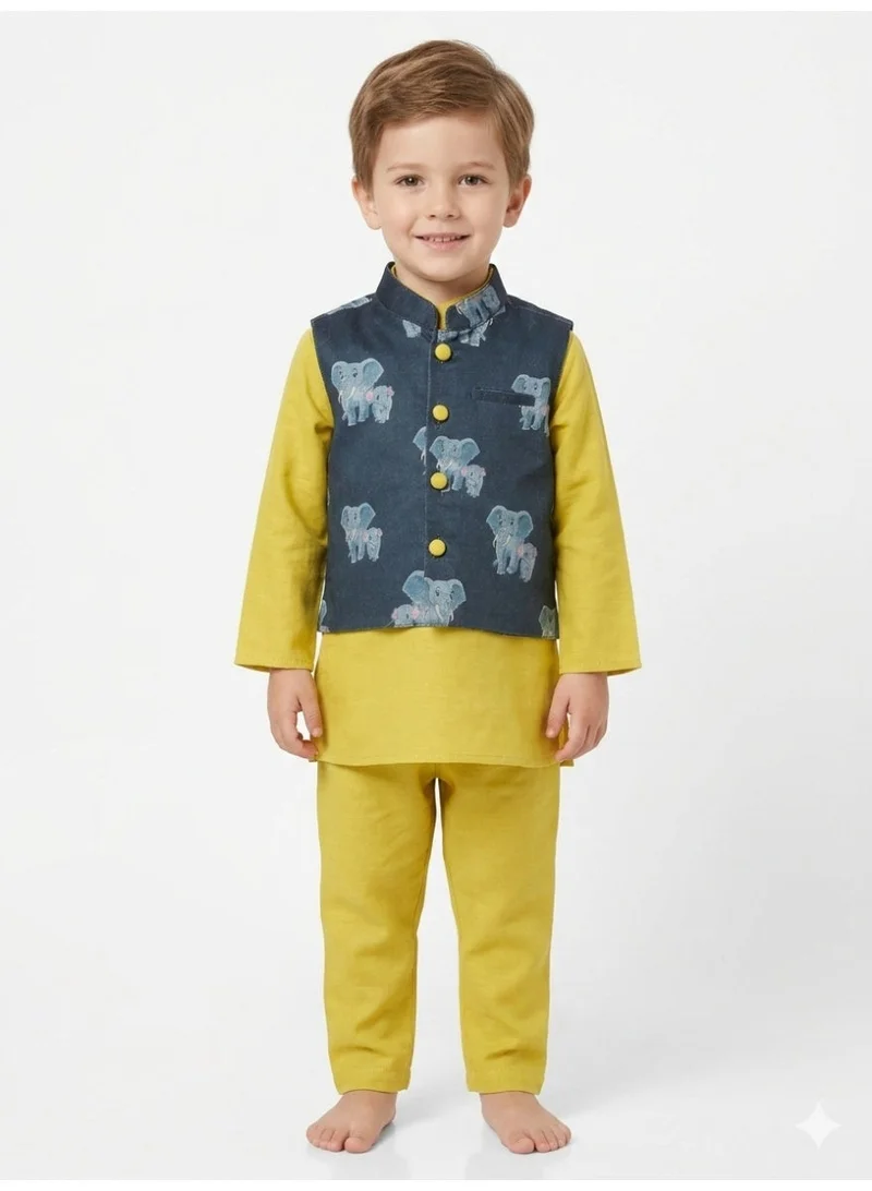 Saka Designs Boys Kurta Set with Nehru Jacket in Yellow and Navy