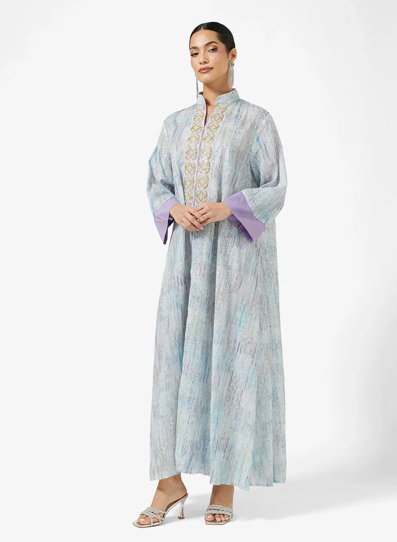 Khizana Printed Jalabiya Embroidered Neck