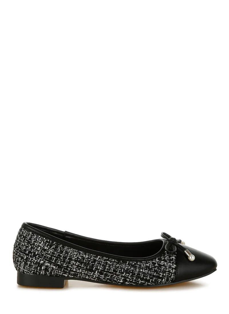 London Rag Black Boucle Pearl Bow Ballerinas