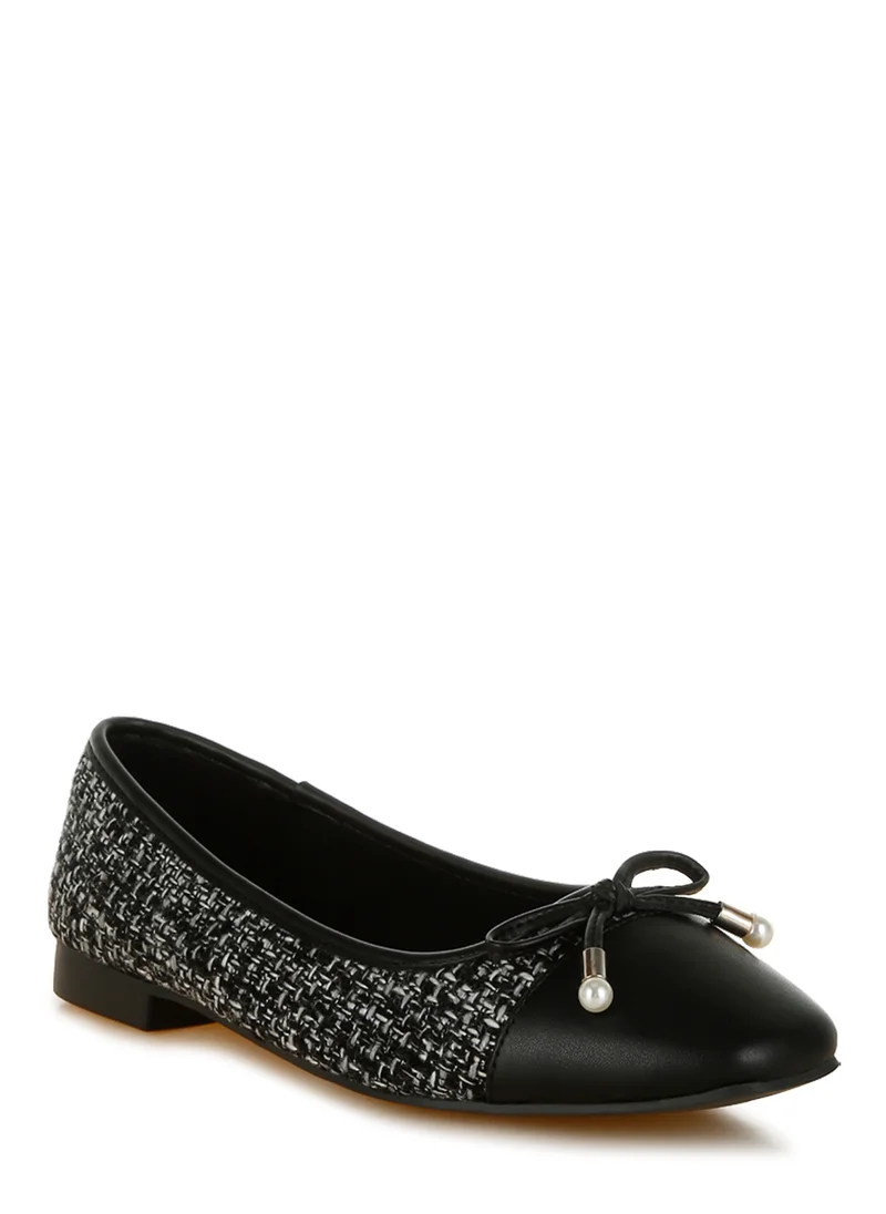 London Rag Black Boucle Pearl Bow Ballerinas